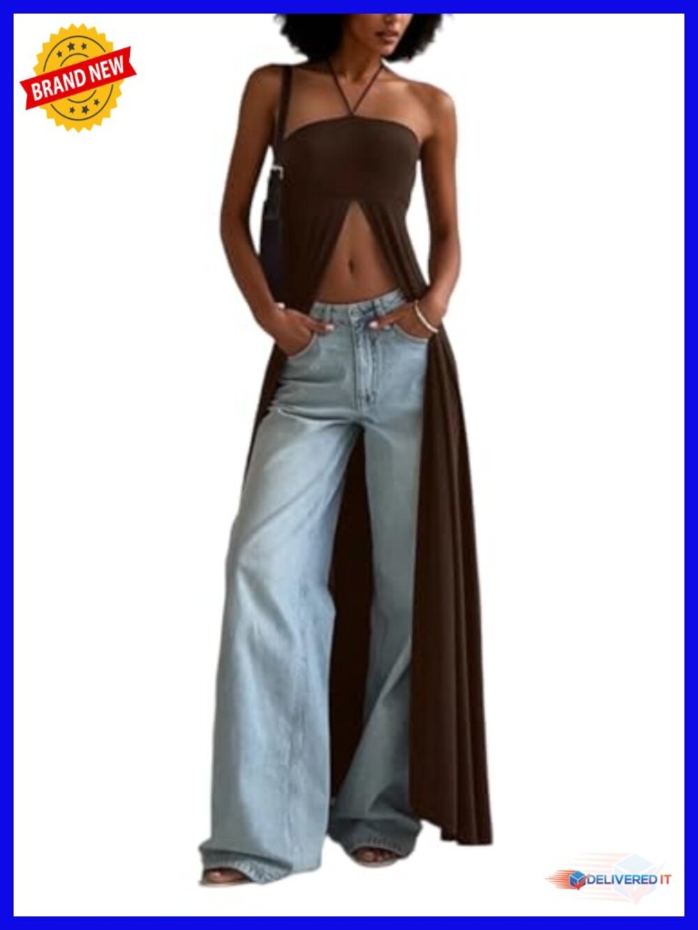 Women's Halter Maxi Top High Split Flowy Boho Long Duster Shirt